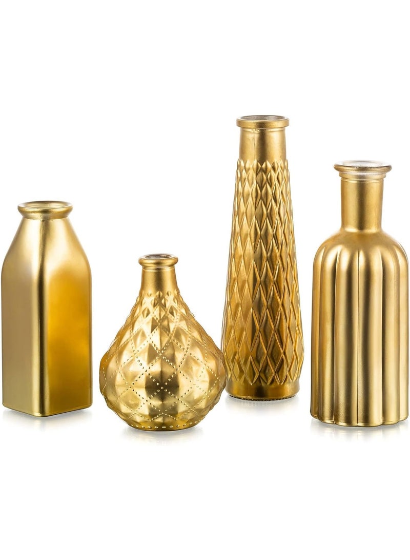 Bukela Gold Vase Set for Flowers, Small Glass Vases, Vintage Flower Bottle for Living Room Kitchen Table Centerpieces, 4 Aesthetic Decorative Golden Modern Home Decor for Floral - Image 1